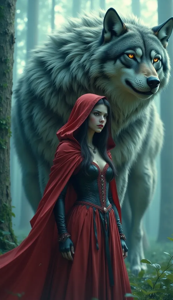 MythR3tr0, Highly detailed and dramatic digital artwork featuring a young woman and a large wolf in a misty forest. The woman has pale skin and long dark hair, partially covered by a red hooded cloak. Her attire includes a corset and a flowing red skirt wi...