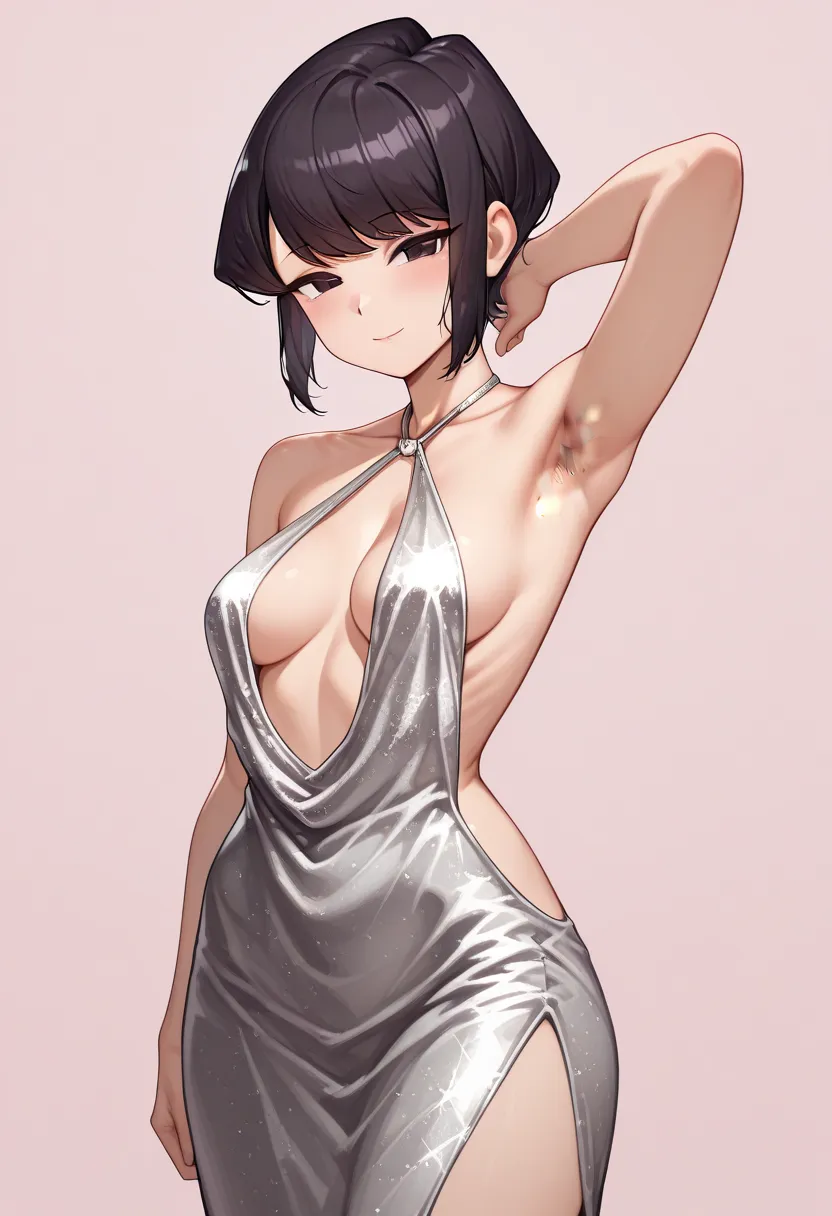 Komi uko ,  short hair,   black hair,  mature woman, medium breasts, masterpiece,Highest quality,Absard dress, amazing picture quality,
1 girl, Alone,
standing,
viewers after shaving armpit hair,  half-open, light smile,
simple background, pink background,...