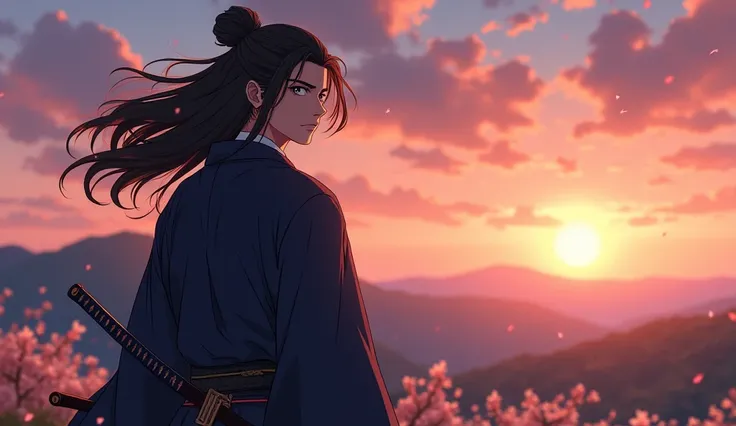 A young samurai with long dark hair, dressed in a dark blue kimono,  standing on a hill at dawn . His face is serious and determined, with eyes fixed on the horizon, where the sun begins to rise. The wind moves his hair and clothes, creating a scene of ref...