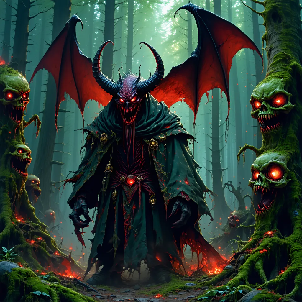 A demonic waso with a large stinger on a demonic forest with trees with demonic faces