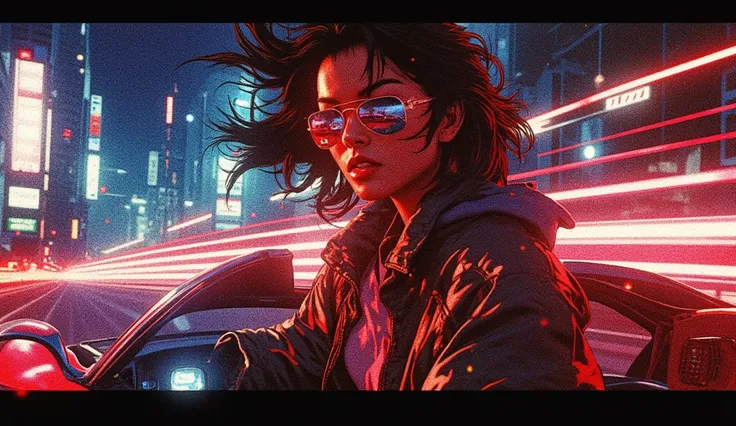 A female night runner wearing mirrored sunglasses and a jacket with shoulder pads, driving a sports car with neon lights on a futuristic Tokyo highway. VHS effect and glitch particles.