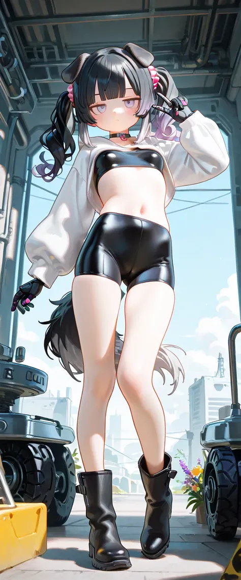 1girl, lavender eyes, jitome(0.5), Black Hair, white Grey Gradient Hair, blunt bangs, hime cut, Medium length twintails, curly hair, Full head of hair, dog tail, dog ears, small Breast, black clothes, black cropped top, Long sleeves, long Bike shorts, flow...