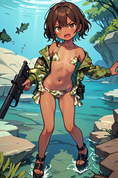 angry scream, Open mouth, ten_years_old girl, Pullover, whole body to see, pixie  hair, flat chest, fullbody, platform heels, freckled face, ((brown skin)), tanned,  bikini,  , topless, ((cyan camouflage)), standing, holding gun, shooting gun, acuatic, scu...