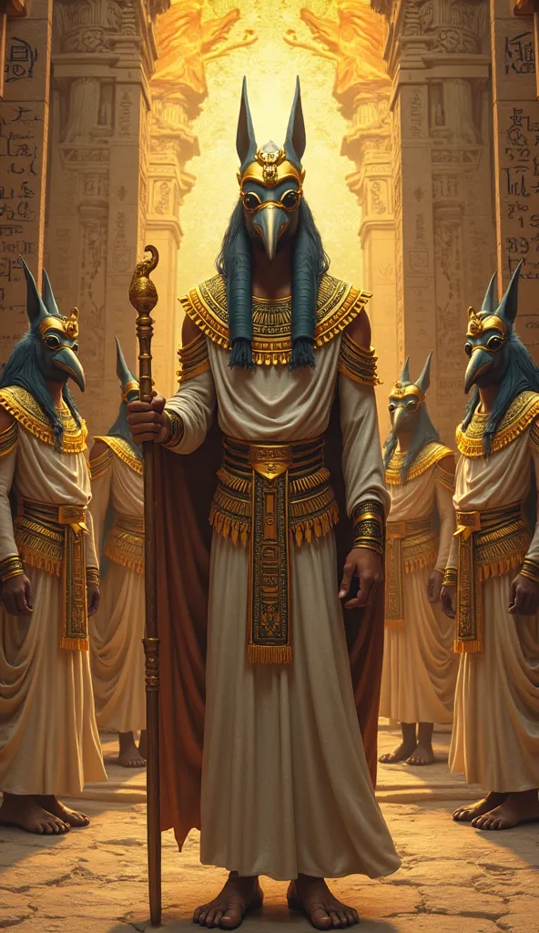 Generate a detailed image and Vivid of the Egyptian god Thoth alongside other gods of the Egyptian pantheon. Thoth must be represented as a man with an ibis-headed, highlighting his distinctive features such as the long curved beak. He should be wearing a ...