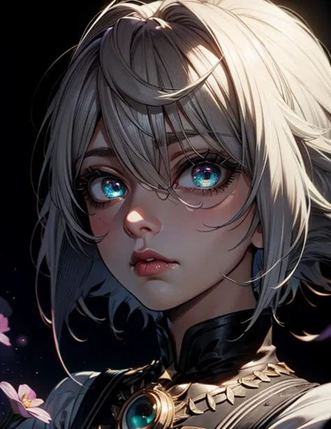 girl purple skin, white patterns on her face, black whites of her eyes, white iris of her eyes, white hair, short hair, hole in her chest, cosmos, stars from the hole, starfish, lighting, cinematic lighting , cinematic angle, soft light , color detail, bac...