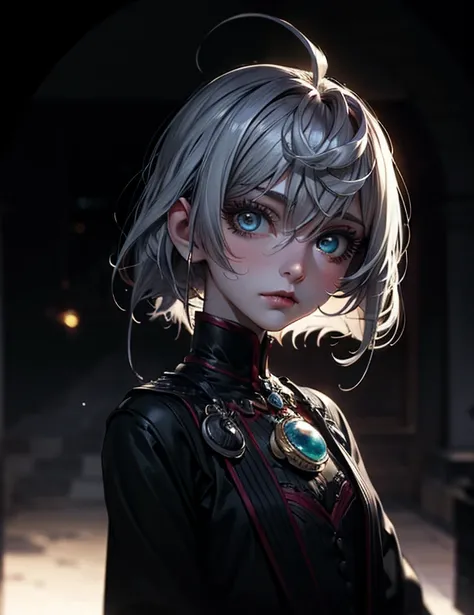 girl purple skin, white patterns on her face, black whites of her eyes, white iris of her eyes, white hair, short hair, hole in her chest, cosmos, stars from the hole, starfish, lighting, cinematic lighting , cinematic angle, soft light , color detail, bac...