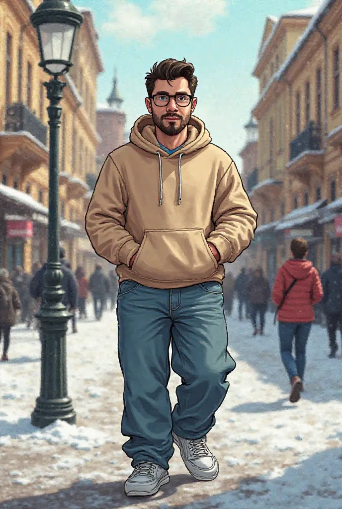 Create a comic about Stas's boyfriend, he's chubby, he's  dressed in wide jeans and a beige hoodie with his feet sneakers he's walking around the city of Russia, a dummer he wears glasses with dark hair 