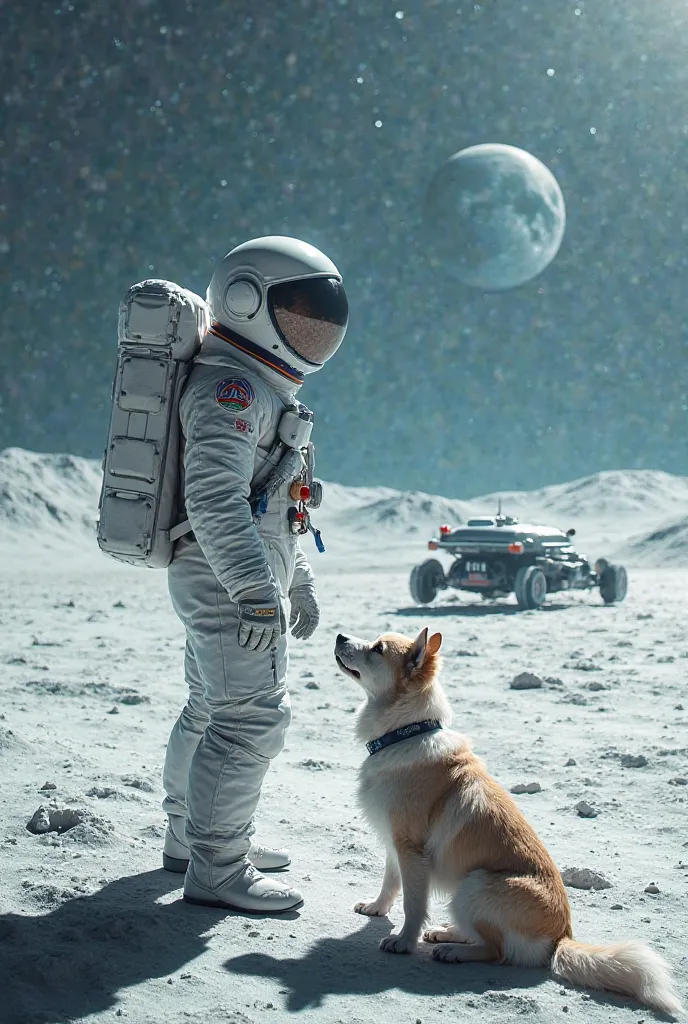 A man on moon with a dog with hir rover