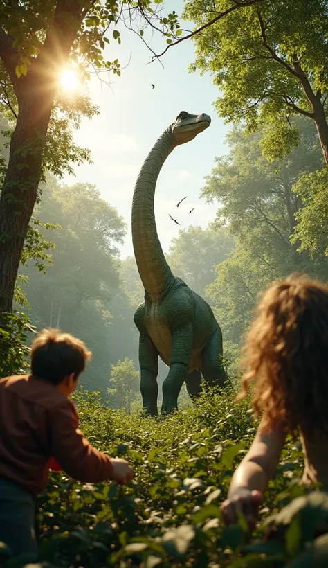 First-person view of someone peering through dense vegetation, spotting a massive Brachiosaurus ahead. The character’s hands are seen pushing aside leaves and vines to get a better look. The dinosaur raises its long neck to reach high leaves, while small p...