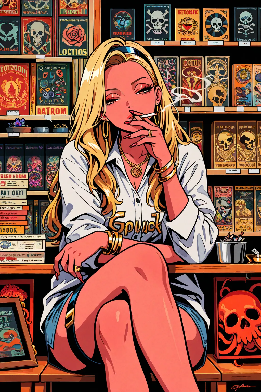 gyaru,  European beauty, gold hair, woman hair style, slender body, half-closed eyes, rest, metal-band exotic fashion, books store motif room, feet out of frame, smoking, 1cigarette, octopus poster, geometric  art, upper  body, background skull and roses a...