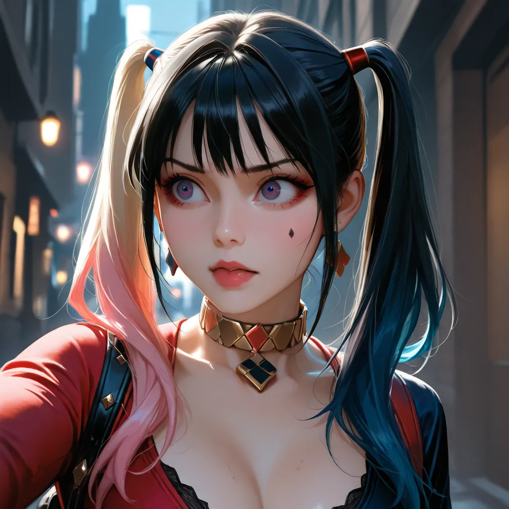 Full body shot, beautiful female, large full natural breasts, curvy thick body, long black hair, Elvira, Harley Quinn, fighting in the city square