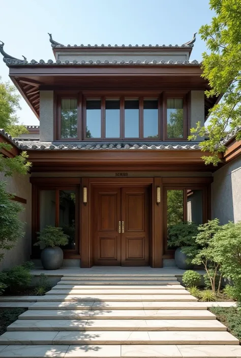 Simple Chinese style villa、Single building、front、The entrance building is two stories high、Simple copper plate on the top、Large glass doors and windows on the left and right sides of the door、bright marble tiles