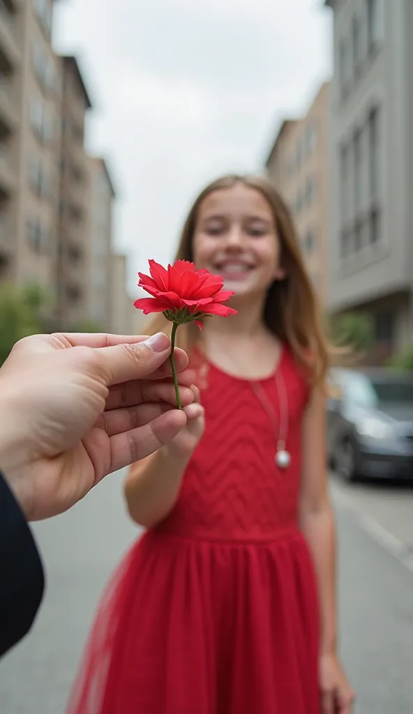 A man's hand is offering a flower to a girl. The girl is happy. She is wearing a red dress. The concrete buildings of Baku are visible in the background. Front view of the girl, low angle/ the man's only hand is visible.