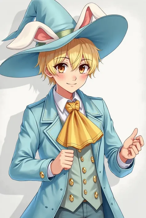 A charming blonde man with a pastel blue tailcoat. Wearing a gold Brummel Victorian Ascot Tie Cravat. Wearing a pastel blue witch hat with tall white bunny ears. He has a happy smile and brown eyes. Anime 