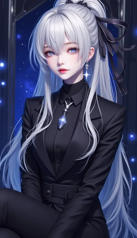 girl white messy very long hair , sparkly crystal white eyes , high technology , Wear a black dress empress suit , black shirt in suit , black long skirt , high resolution , sleepy face , Chill face , Tied up arms , Read documents on your desk , lights blu...