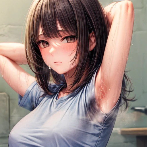 top quality, (looking at armpit:1.5), (troubled face:1.4), (light grey shirt with short sleeves:1.2), sweat stain, (steam around armpit:1.3), (sweat), portrait, beautiful girl, brown eyes, blunt bangs, shiny black hair, big breasts,