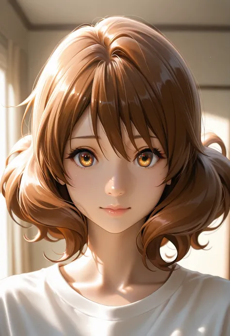 masterpiece, best quality, vibrant, very aesthetic, high contrast, photorealistic portrait,beautiful detailed face,detailed texture,detailed skin, newest, 1girl,Sound! Euphonium,source_Sound! Euphonium,oumae kumiko,shirt,room,realistic lighting
