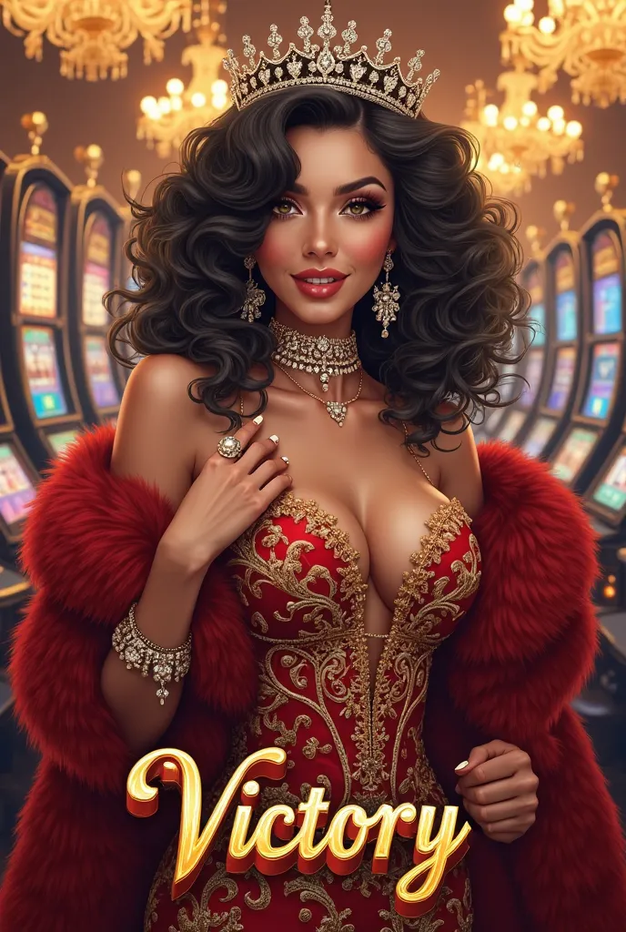 A glamorous digital illustration of a beautiful woman in a luxurious casino setting.  she has curly hair , voluminous black hair and wears a shiny crown adorned with intricate jewelry. Her attire is an elegant red gown embellished with gold floral patterns...