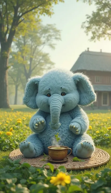 A fluffy sky-blue elephant, chubby and human-like in posture and expressions, sitting cross-legged on a woven mat, preparing a steaming pot of herbal tea with fresh-picked leaves. The background features a lush green field of mustard greens under soft sunl...