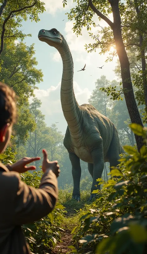 First-person view of the character peering through dense vegetation, spotting a massive Brachiosaurus ahead. The character’s hands are seen pushing aside leaves and vines to get a better look. The dinosaur raises its long neck to reach high leaves, while s...