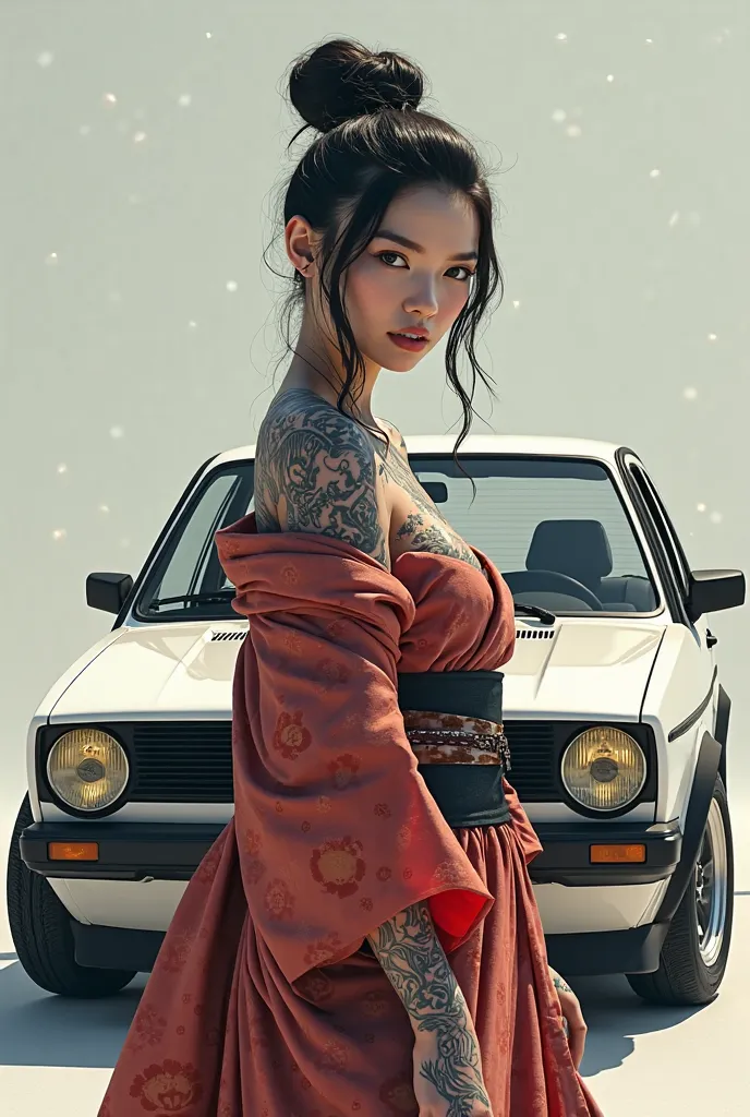 Volkswagen golf mk2 white with a samurai woman with tattoos