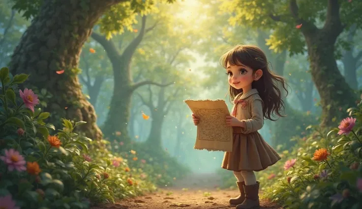 Lily, a age girl eyes sparkle with excitement. She grips a enchanted MAP tightly and takes her first step into the mystical forest.