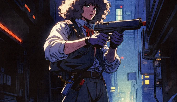 An android with curly hair and titanium body, dressed in an 80s style school uniform, holding a laser gun in a dark alley with lights reflecting in pools of water. Classic cel-shading style.