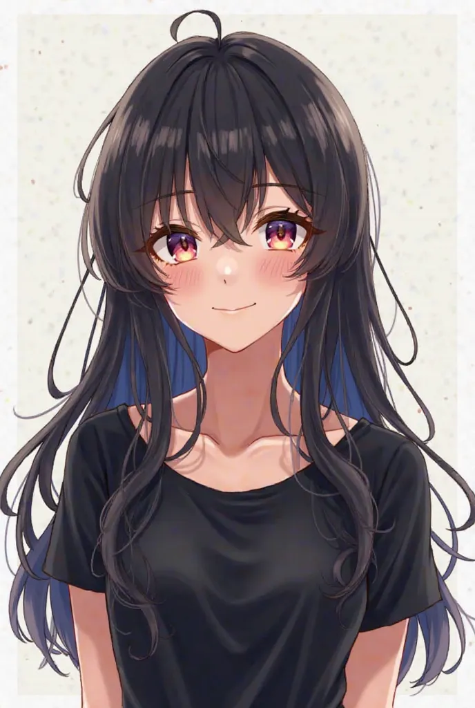 Female anime loose hair long short black shirt, And that he is smiling