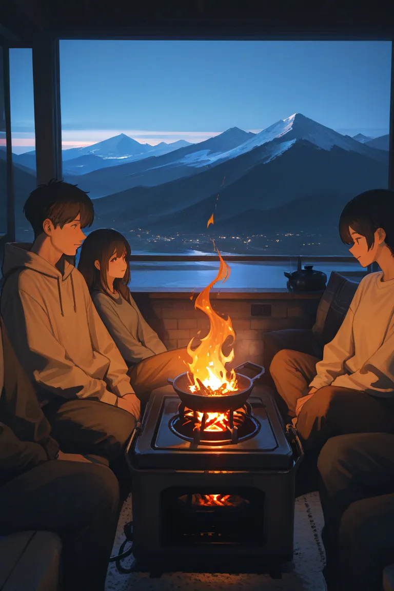 night、Man and woman chatting while surrounding、Three men and two women chatting while surrounding the light of a mountaineering gas stove。 Fantastic。Seen from a distance。