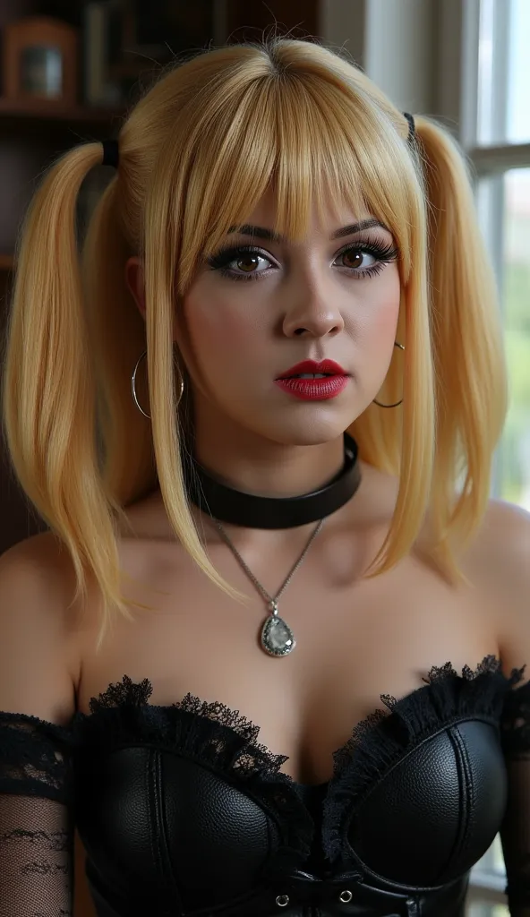 cocodemal, Blonde long twintails, misa amane,
She wears a gothic black dress and a choker, hoop earrings, makeup, Masterpiece, High Resolution, Accurate, High Details, Textured Skin, Photography, Realistic. Cinematic, Pretty Face. Hyperrealistic.