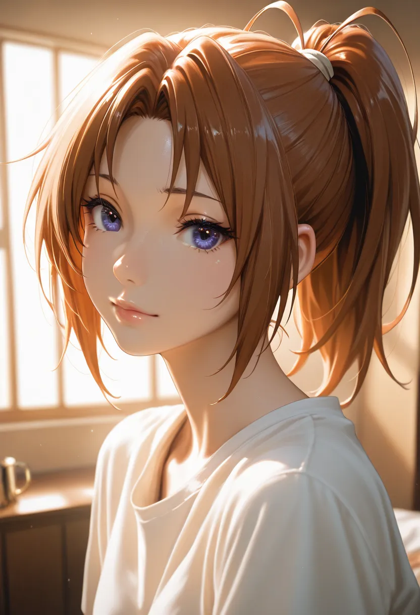 masterpiece, best quality, vibrant, very aesthetic, high contrast, photorealistic portrait,beautiful detailed face,detailed texture,detailed skin, newest, 1girl,Sound! Euphonium,source_Sound! Euphonium,nakagawa natsuki,pony tail,shirt,room,realistic lighti...