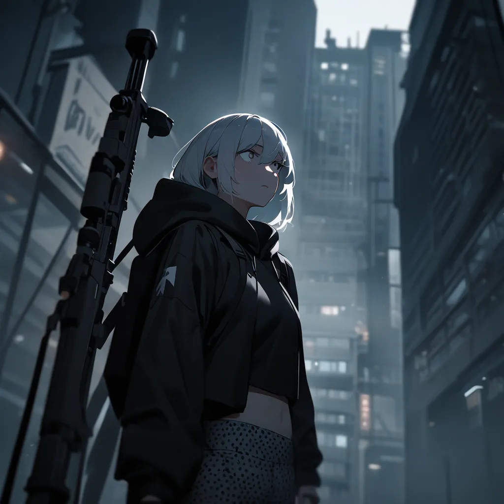  1 girl, A sniper rifle is attached to the back, white eyes, white hair, black pants,  black shirt,  black hoodie, long hair, The city is below, Dolphin Pants, Crop Tee