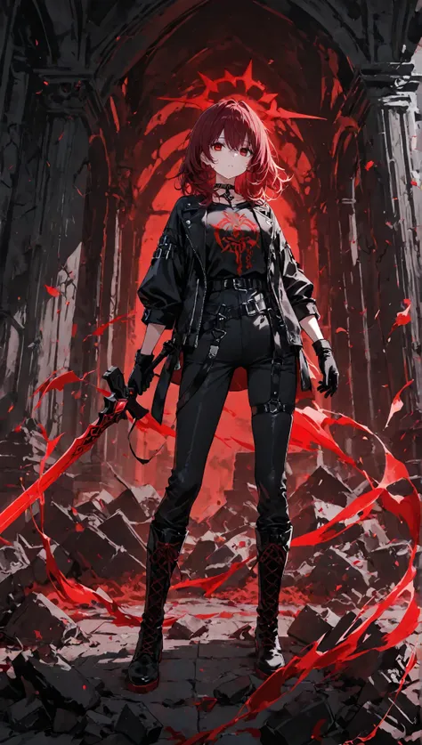 1 girl,  messy medium hair ,dark red color with a subtle shade of violet,red eyes,dressed in a black t-shirt,short jacket with straps in black or purple, black pants,with boots with black straps,On a destroyed temple stage, holding a runic sword