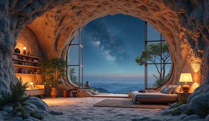 A cave house with a large living room, high ceilings and a dark night sky