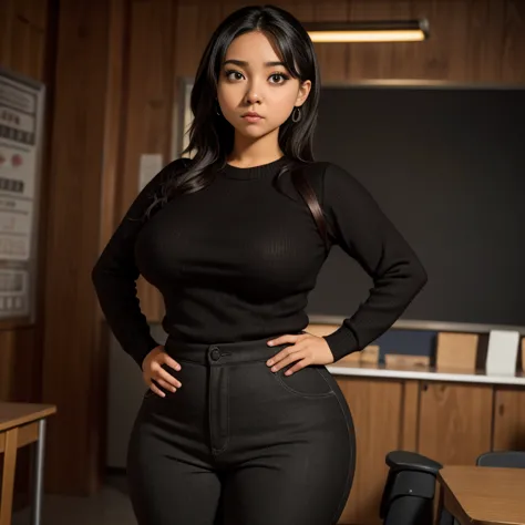 timid short petite cute slightly chubby raven nyuugao Mexican geeky emo , short slightly wavy hair, cute detailed brown eyes, cutely detailed lips, cute highly detailed eyes and face, voluptuous breasts, thin thighs, chubby wide hips, long sleeve sweater t...