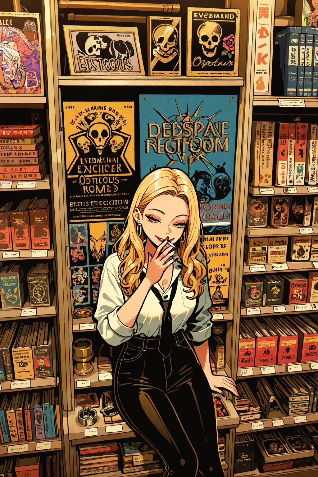 gyaru,  European beauty, gold hair, waving hair, woman hair style, slender body, half-closed eyes, rest, metal-band exotic fashion, books store motif room, feet out of frame, smoking, 1cigarette, 1octopus, poster, geometric  art, upper  body, background sk...