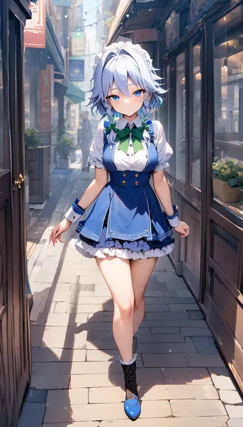 (masterpiece, Highest quality: 1.2), 1girl, izayoi sakuya, closed eyes, blue eyes, wrist cuffs, full body, looking at viewer, bow, walking,