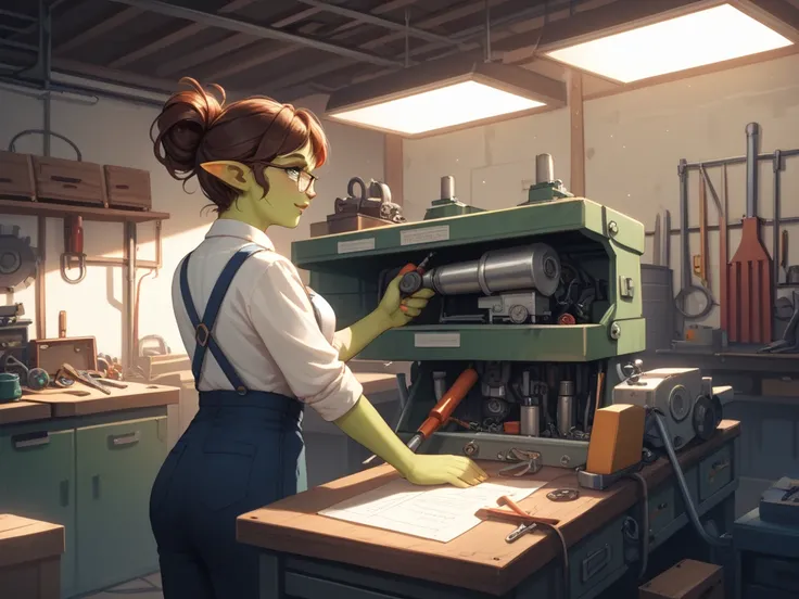 A woman with green skin, brown hair, glasses and pointed ears, is a mechanic.