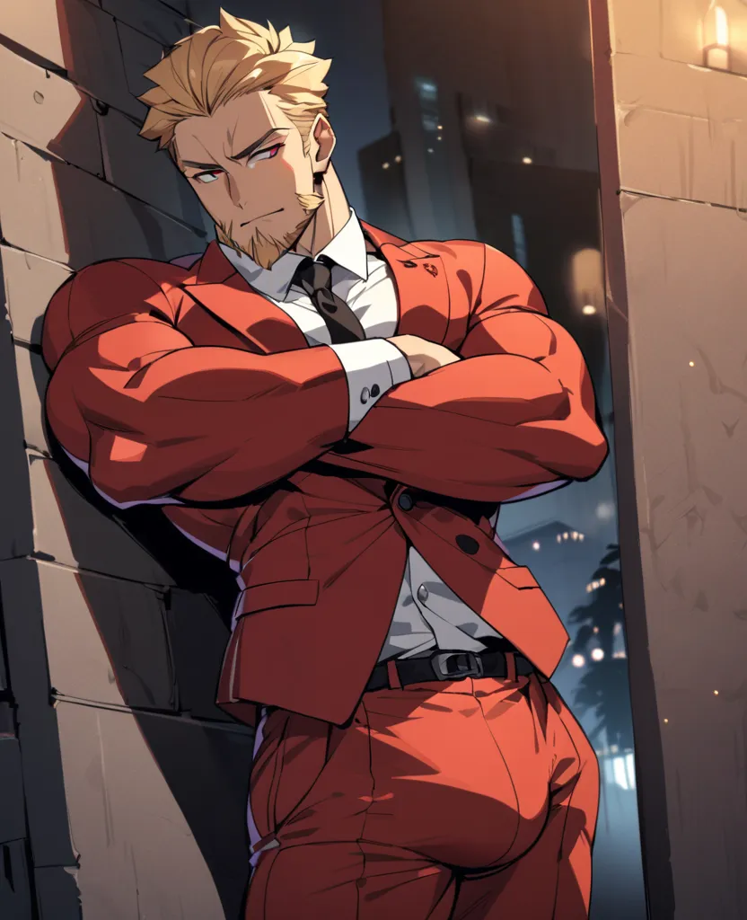  blond man, pretty face, like a thin beard,  SHORT HAIR, estilo anime  perfect , wearing a red suit, with black tie, athletic build,  strong and muscular physique , dancing, with arms crossed, suit leaning against a wall, At night,  strong man,  perfect , ...