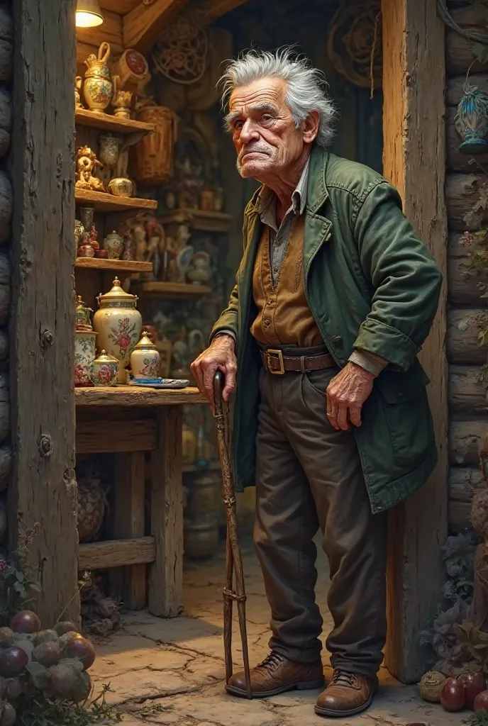 Can you generate an image for me of an old man with a cane in his hand opening the door of a cabin and seeing a lot of antiques behind it that looks slightly animated 