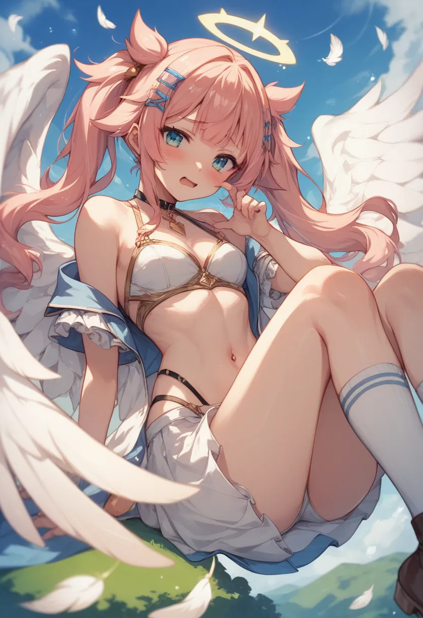 The daughter of a cute man with angel wings、Girl-like appearance、Too Short Miniskirt、belly button sticking、look embarrassed、 flipping up miniskirt 、knee socks、 flaps his angel wings and floats up、 with the rising sun on your back、 are floating、Hairstyle li...