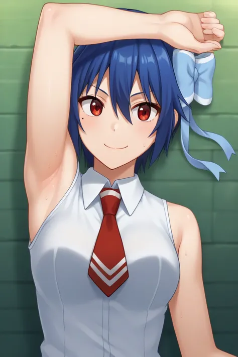 score_9, score_7_up, source_anime, detailed background, (upper body, medium shot:1.4), solo, 1girl,  tsugumi seishirou, mole under eye, blue hair, short hair, hair bow, blue jacket, white shirt, collared shirt, red necktie, sleeveless, spread armpit, arm u...