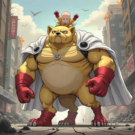 Full altra hd image in sunny dayA giant, muscular dog inspired by Saitama, with smooth, pale yellow fur covering its body, a bold white cape flowing dramatically from its back, and red gloves and boots covering its paws. The dog’s expression is calm yet sl...