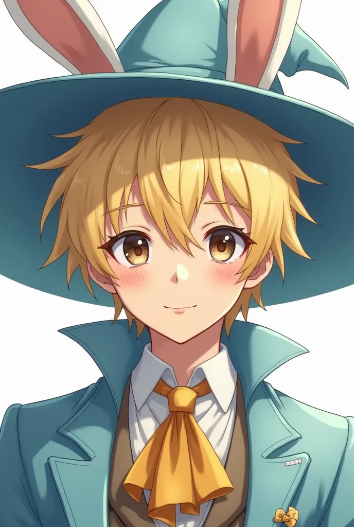 Young adult wizard, A charming blonde man with messy comb over hair with a pastel blue tailcoat. Wearing a gold Brummel Victorian Ascot Tie Cravat. Wearing a pastel blue witch hat with tall white bunny ears. He has a happy smile and brown eyes. Anime. 