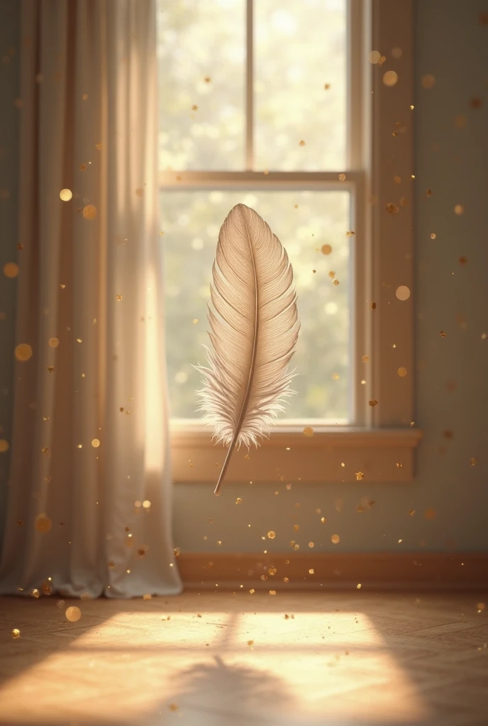 A floating feather, empty room, dust moats in a beam of sunlight through a partially open curtain