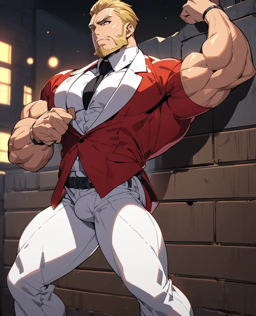  blond man, pretty face, like a thin beard,  SHORT HAIR, estilo anime  perfect , wearing a red suit, with black tie, athletic build,  strong and muscular physique , dancing, with arms crossed, suit leaning against a wall, At night,  strong man,  perfect , ...