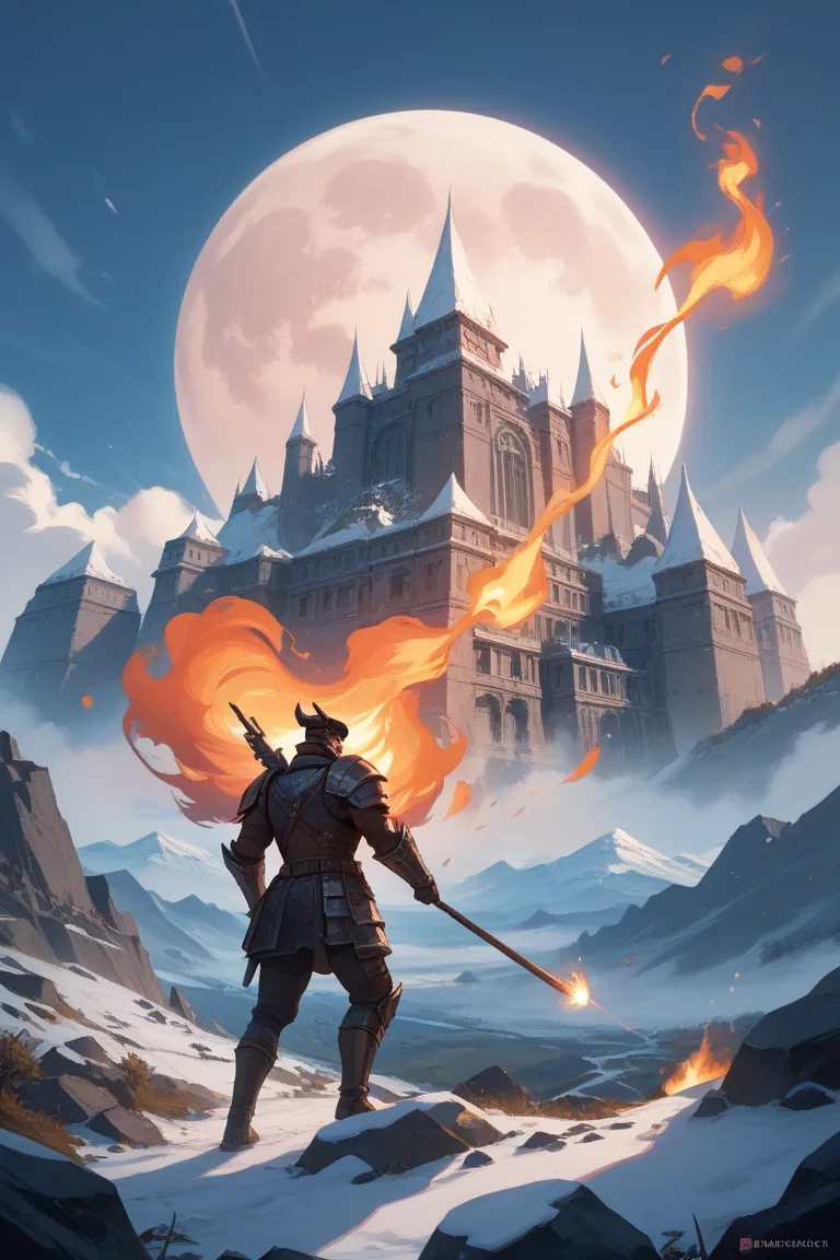 A warrior wearing black armor, amidst an apocalyptic landscape. In the background, a city on fire with destroyed buildings, landscape while a bright full Moon illuminates the night sky with dense clouds and snow-capped mountains.  The mood is bleak ,  with...