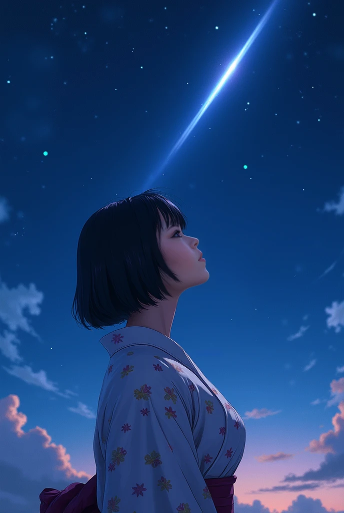 Night Skyを見上げる若い女性, shooting star,Black Haired Short Bob,Big Breasts,Wearing a yukata,REALISTIC,4K,8k,HIGH QUALITY,masterpiece, super precise,realistic,like in the picture,HDR,UHD,STUDIO LIGHTING,Ultra Fine Painting,sharp focus,physically-based rendering,E...