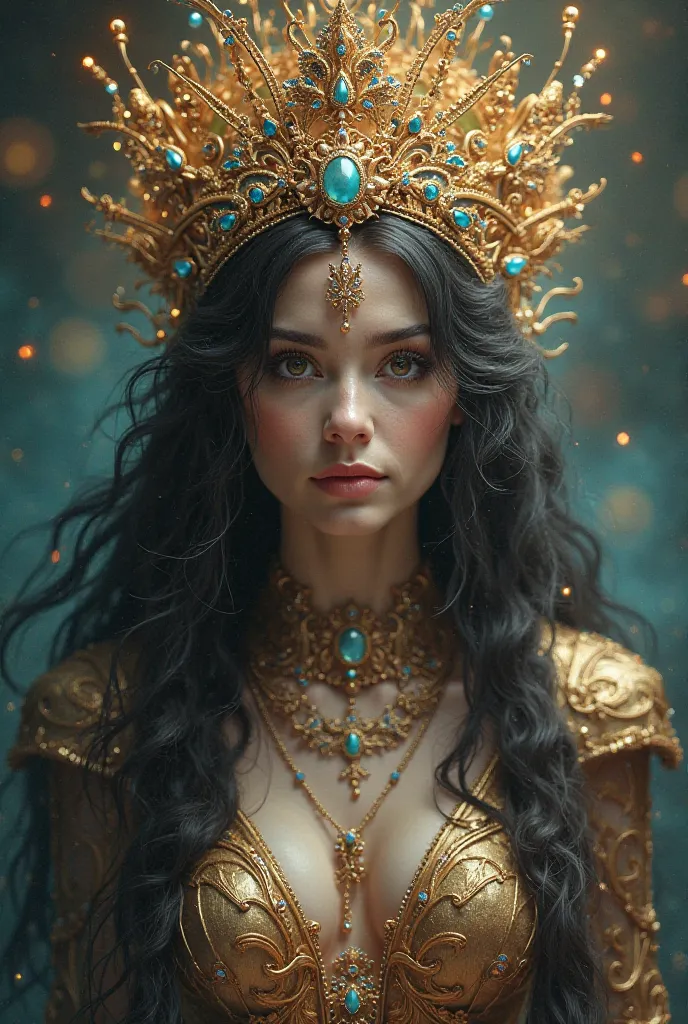 She wears a beautiful headdress and precious stones adorn her hair. 