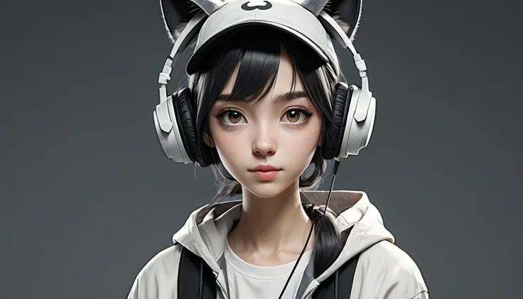 : The art has a digital illustration style, reflecting an anime or manga aesthetic.
character: The image presents a young woman with feminine features and an expressive look.
accessories:
hat: The character is wearing a hat with cat ears, that adds a playf...